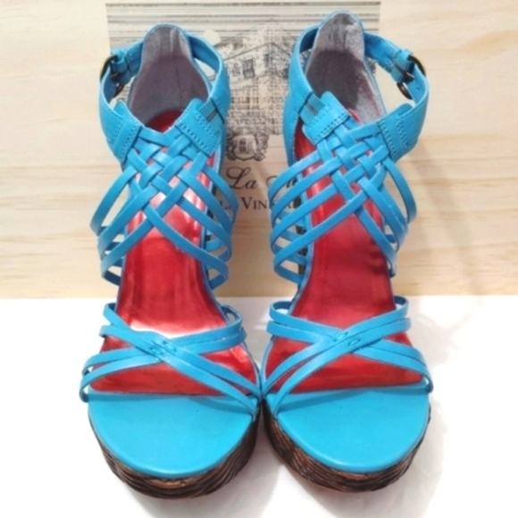 Vintage Diba Barbra Heels Turquoise Strappy Brazilian Leather Woven Design US 8 - Picture 5 of 15